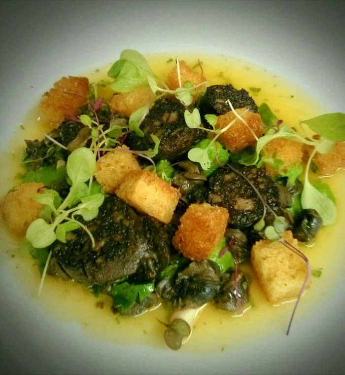 Wild Burgundy Snails and Boudin Noir with Green Garlic Butter, Herb Puree, and Brioche / Chef Chris Colburn / The Chanticleer, Nantucket